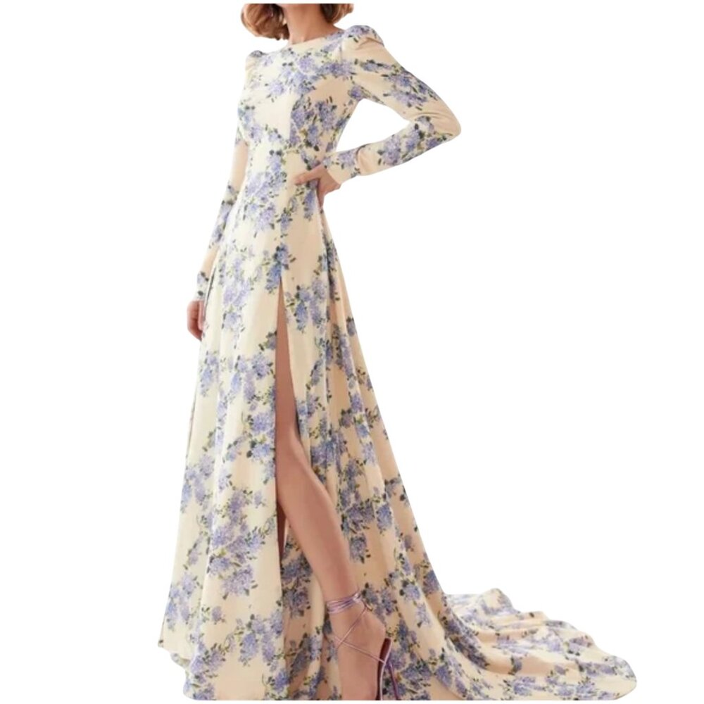 Milla Long Sleeve floral gown XXS hydrangea print yellow dress train 0 2